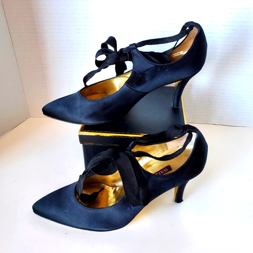Walter Steiger Black Satin Ribbon Tie Heels Size 6 or 37
